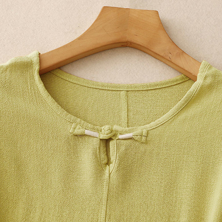Camicia da donna in lino e cotone con maniche a mezza manica, con tasche, spacchi laterali e bottoni a rana, color block Buddha Stones - image 10