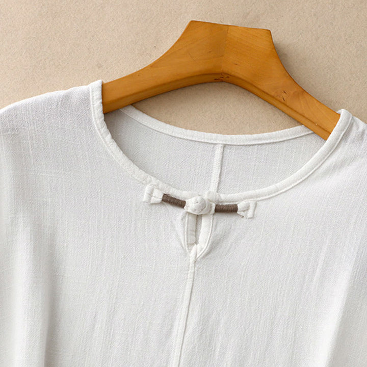 Camicia da donna in lino e cotone con maniche a mezza manica, con tasche, spacchi laterali e bottoni a rana, color block Buddha Stones - image 16