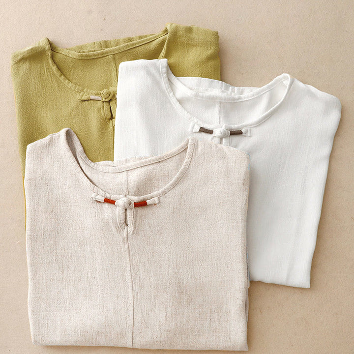 Camicia da donna in lino e cotone con maniche a mezza manica, con tasche, spacchi laterali e bottoni a rana, color block Buddha Stones - image 22