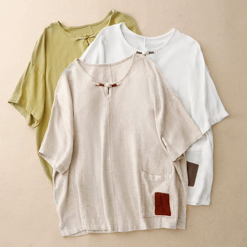 Camicia da donna in lino e cotone con maniche a mezza manica, con tasche, spacchi laterali e bottoni a rana, color block Buddha Stones - image 21