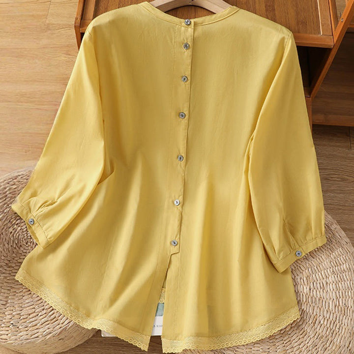 Camicia da donna in lino e cotone con maniche a tre quarti, girocollo, monopetto , Buddha Stones - image 2