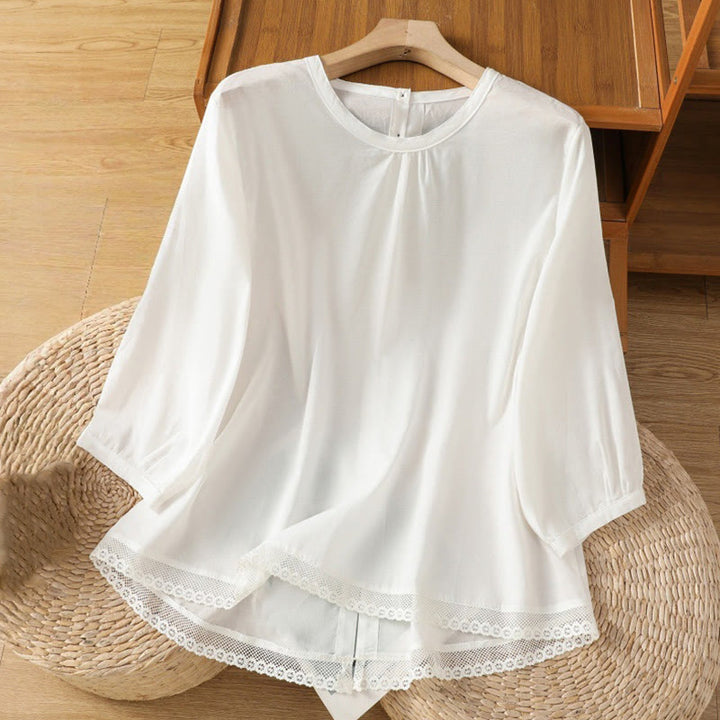 Camicia da donna in lino e cotone con maniche a tre quarti, girocollo, monopetto , Buddha Stones - Bianco - US14, UK/AU18, EU46 (2XL) - image 10