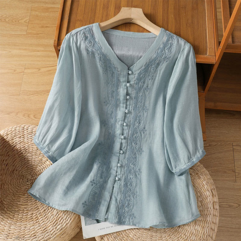 Camicia da donna in poliestere con scollo a V, manica corta , Buddha Stones, bottoni a rana - Cielo blu - US12, UK/AU16, EU44 (2XL) - image 5