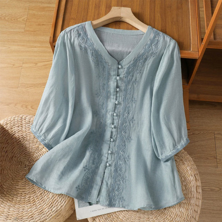 Camicia da donna in poliestere con scollo a V, manica corta , Buddha Stones, bottoni a rana - Cielo blu - US12, UK/AU16, EU44 (2XL) - image 5