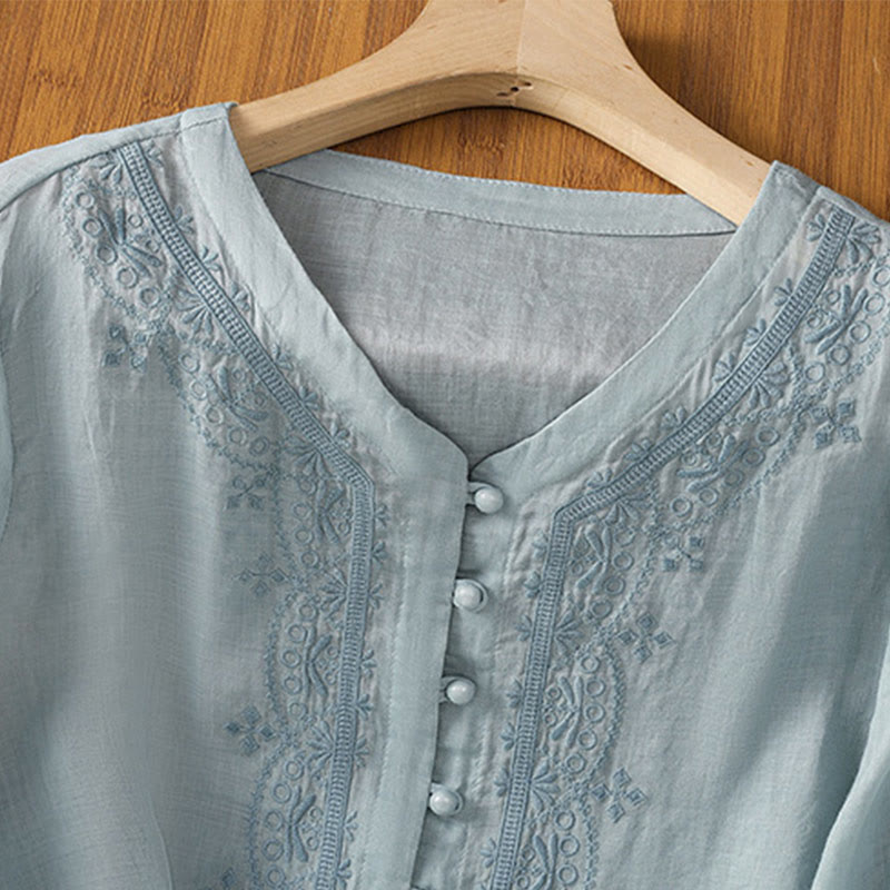 Camicia da donna in poliestere con scollo a V, manica corta , Buddha Stones, bottoni a rana - image 9