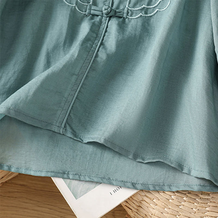 Camicia da donna in cotone e poliestere con colletto alto, manica corta, con bottoni a rana e ricamo Buddha Stones - image 10