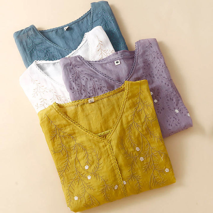 Buddha Stones Estate Casual Fiori Rami Ricamato Modello Scollo a V Mezza Manica Cotone Lino T-shirt da Donna