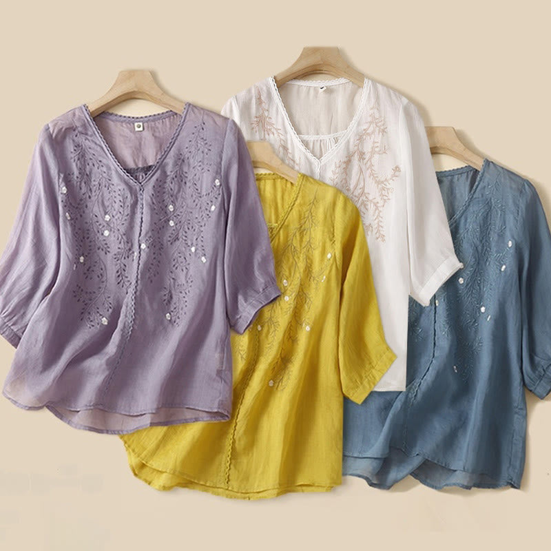 Buddha Stones Estate Casual Fiori Rami Ricamato Modello Scollo a V Mezza Manica Cotone Lino T-shirt da Donna