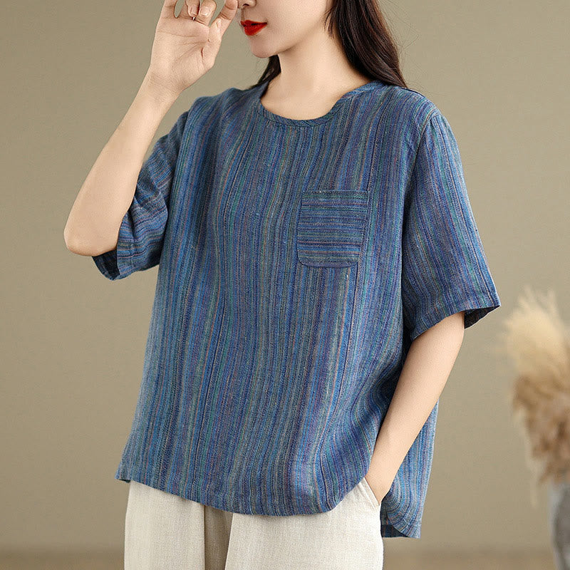 T-shirt da donna in cotone e lino a maniche corte, casual e retrò, con motivo a righe Buddha Stones - SteelBlue - US12, UK/AU16, EU44 (2XL) - image 1