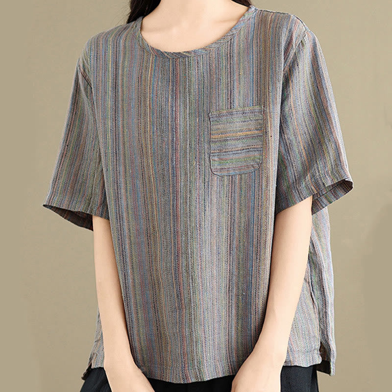 T-shirt da donna in cotone e lino a maniche corte, casual e retrò, con motivo a righe Buddha Stones - Grigio ardesia - US12, UK/AU16, EU44 (2XL) - image 11