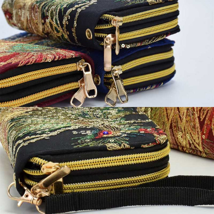 Portafoglio porta contanti con ricamo bifacciale Buddha Stones Peacock Shopping Purse