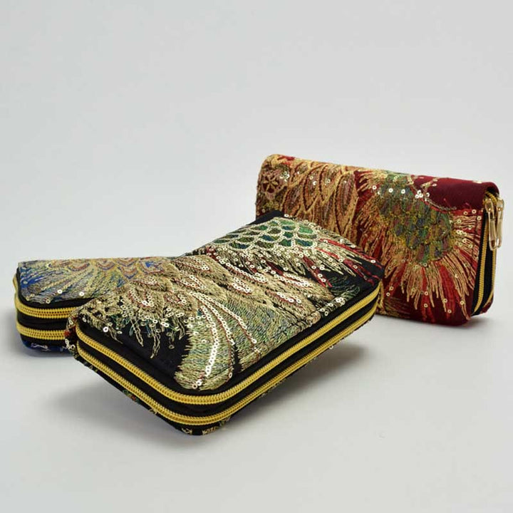 Portafoglio porta contanti con ricamo bifacciale Buddha Stones Peacock Shopping Purse