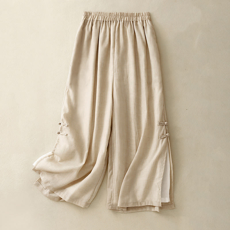 Pantaloni da donna in cotone e lino a gamba larga con tasche, orlo con bottoni a rana e design a fessura , Buddha Stones - Beige - US8-10, UK/AU12-14, EU40-42 (2XL) - image 1