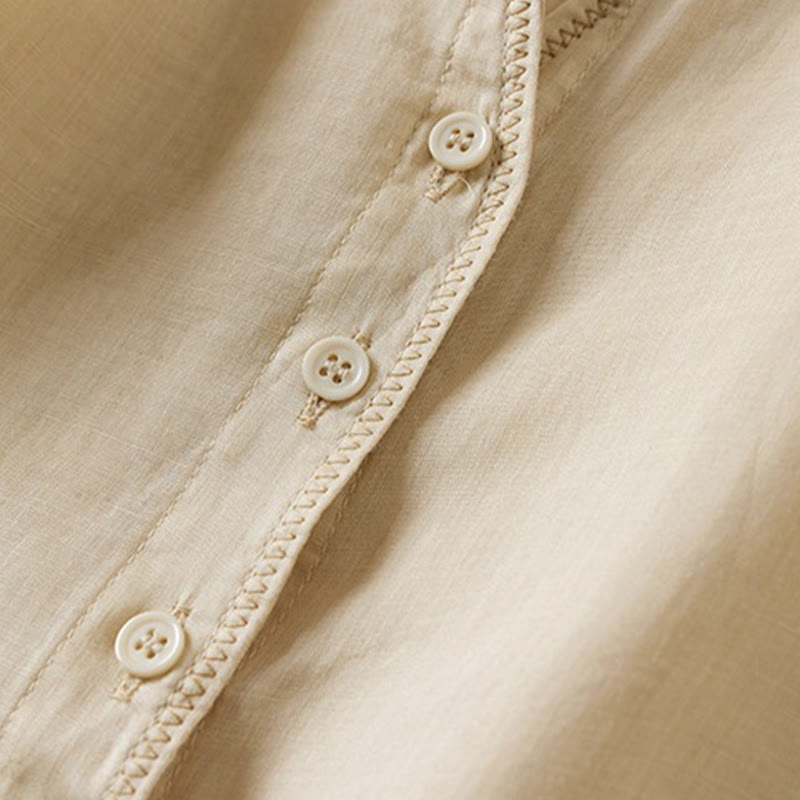 Camicia da donna in cotone e lino, modello Buddha Stones, retro, tinta unita, finto due pezzi, bottoni, mezza manica - image 41