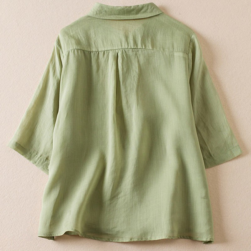 Camicia da donna in cotone e lino, modello Buddha Stones, retro, tinta unita, finto due pezzi, bottoni, mezza manica - image 20