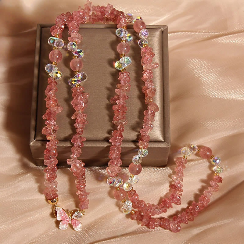 Collana con ciondolo a forma di farfalla, fiore, ametista, quarzo fragola e pietre Buddha Stones. - Quarzo fragola - image 7