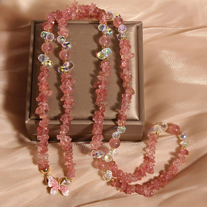 Collana con ciondolo a forma di farfalla, fiore, ametista, quarzo fragola e pietre Buddha Stones. - Quarzo fragola - image 7