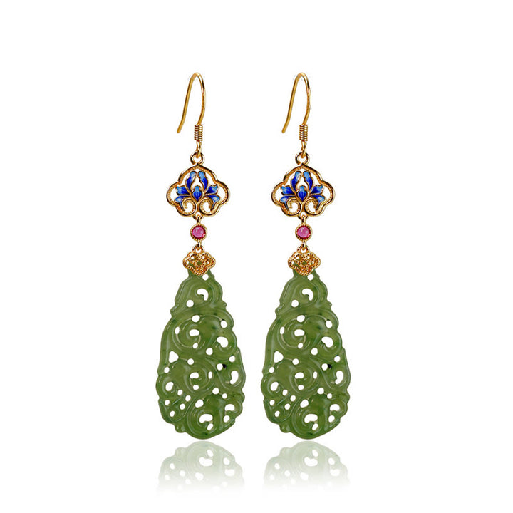 Orecchini della prosperità in argento sterling 925 con smalto in giada Hetian cava e Buddha Stones - image 9
