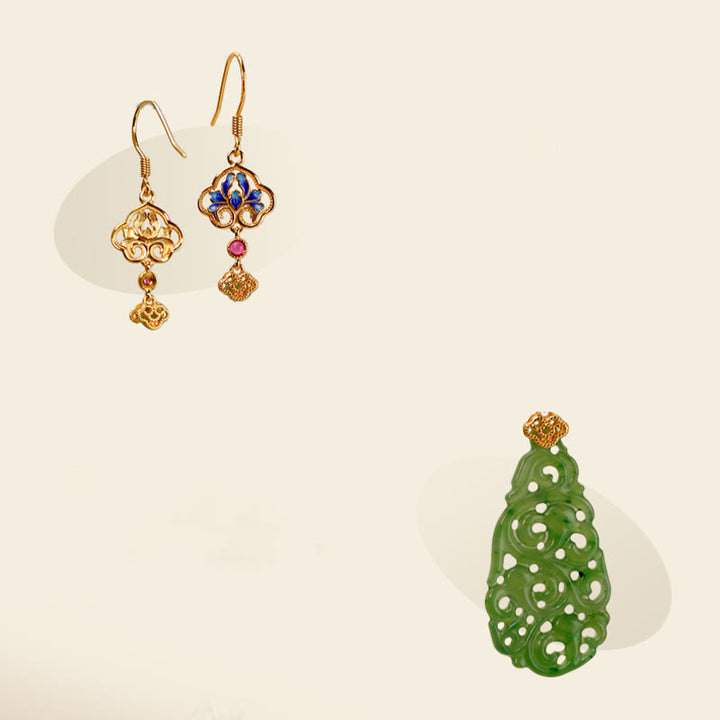 Orecchini della prosperità in argento sterling 925 con smalto in giada Hetian cava e Buddha Stones - image 14