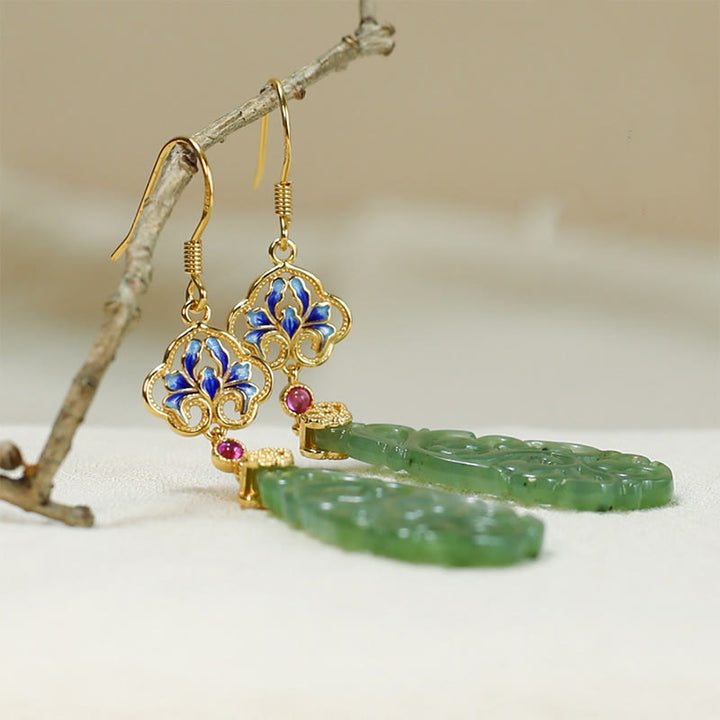 Orecchini della prosperità in argento sterling 925 con smalto in giada Hetian cava e Buddha Stones - image 4
