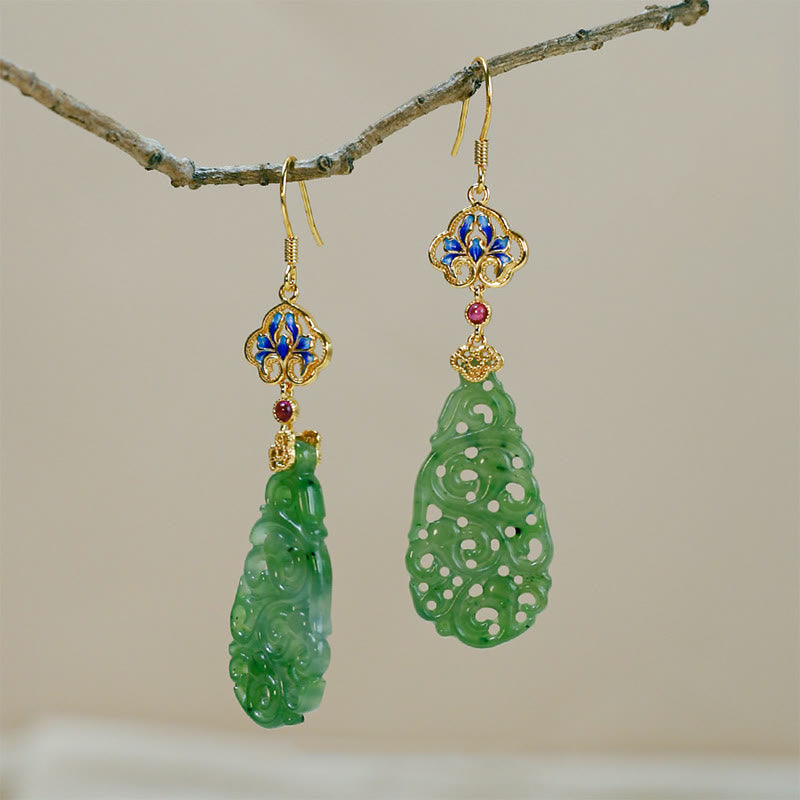 Orecchini della prosperità in argento sterling 925 con smalto in giada Hetian cava e Buddha Stones - image 12