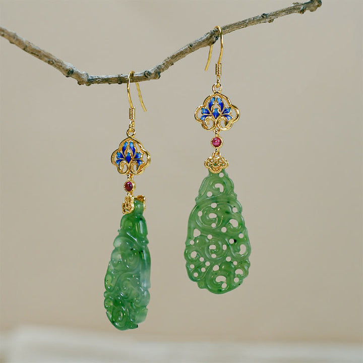 Orecchini della prosperità in argento sterling 925 con smalto in giada Hetian cava e Buddha Stones - image 12
