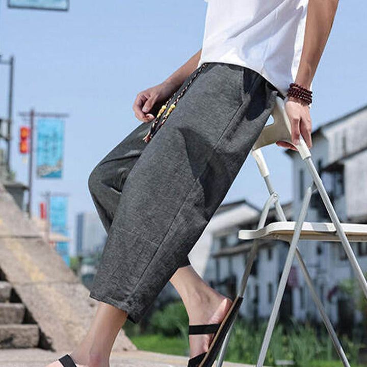 Pantaloni da uomo in spandex con tasche, lunghezza 7-8, con perline intrecciate e cordoncino in vita, stile casual, Buddha Stones - image 8