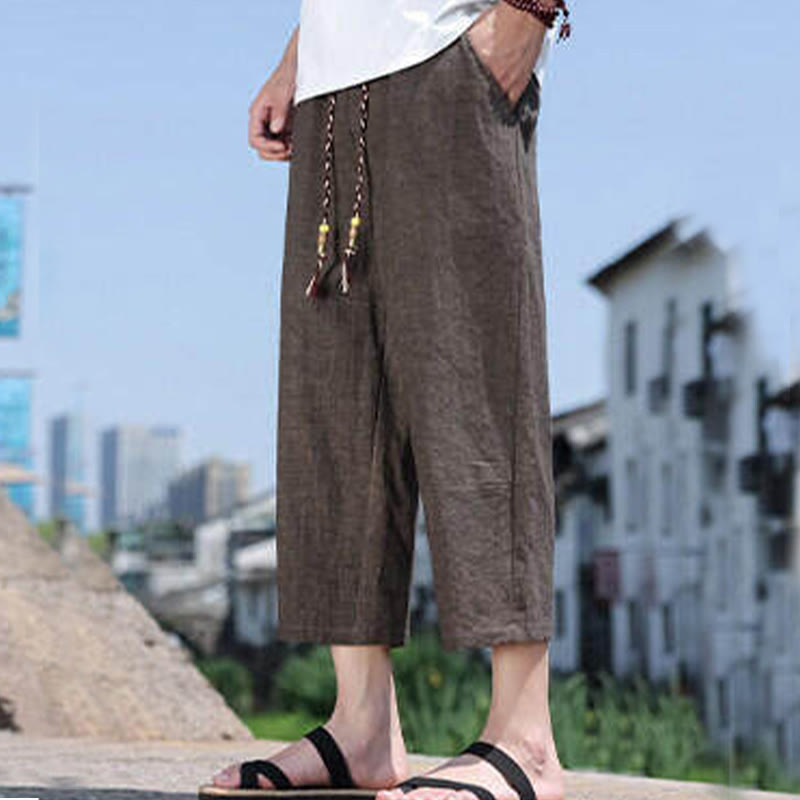 Pantaloni da uomo in spandex con tasche, lunghezza 7-8, con perline intrecciate e cordoncino in vita, stile casual, Buddha Stones - SaddleBrown - US/UK/AU46, EU56 (5XL) - image 19