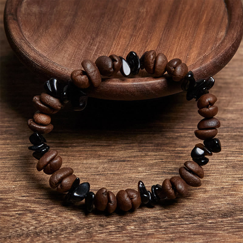 Bracciale Buddha Stones con chicchi di caffè naturali, ossidiana nera e quarzo rutilato - image 2