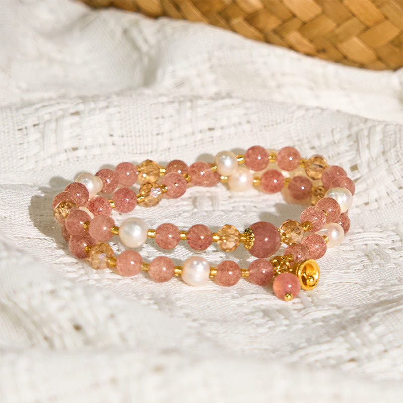 Braccialetto a doppio giro con perle di quarzo fragola naturale Buddha Stones