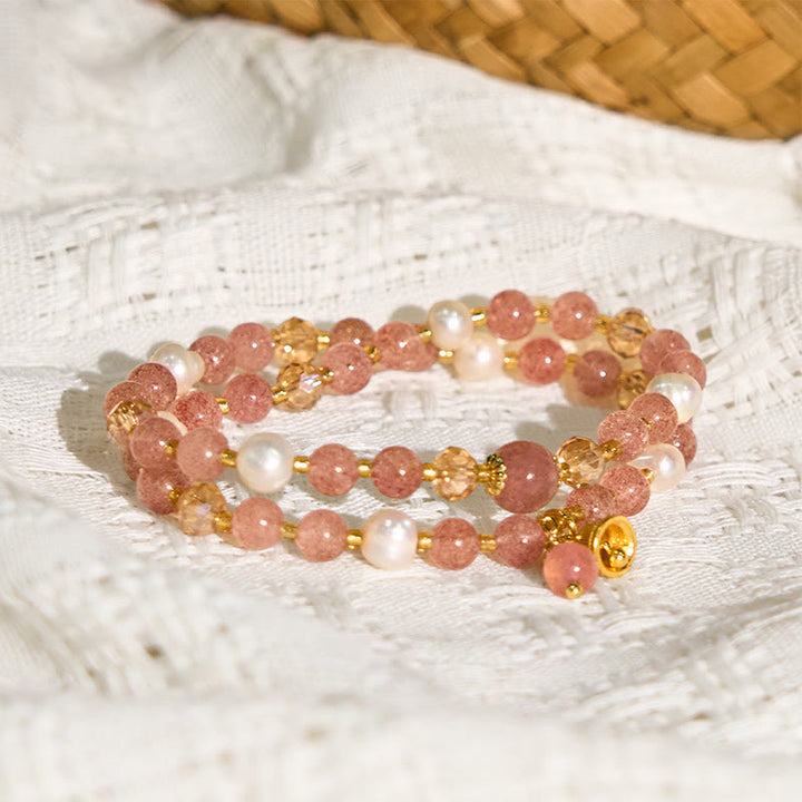 Braccialetto a doppio giro con perle di quarzo fragola naturale Buddha Stones