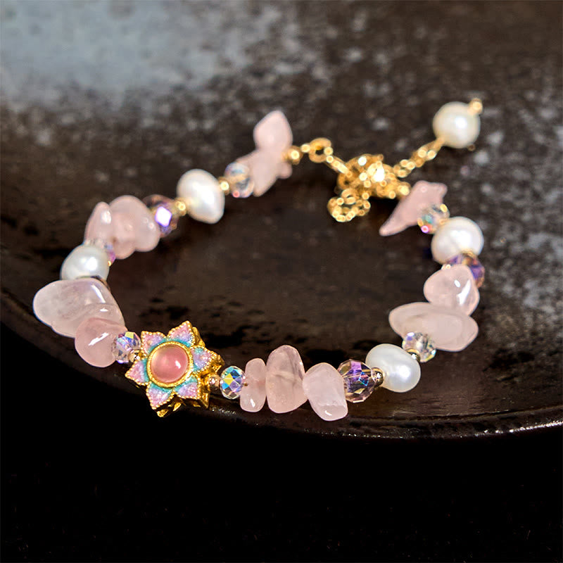 Bracciale Con Perle Di Quarzo Rosa E Budda, Infilato A Mano, 18 Cm, In Acciaio Inox, Con Scatola Regalo - copertina