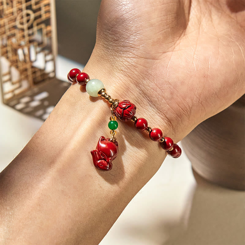 Braccialetto di benedizione con ciondolo a forma di volpe, cinabro e Buddha Stones