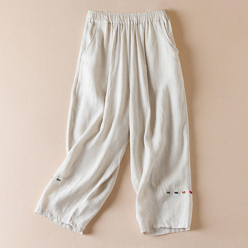 Pantaloni harem in lino e cotone con tasche, lunghezza 7-8, in filo colorato con Buddha Stones - Beige - US12, UK/AU16, EU44 (3XL) - image 0