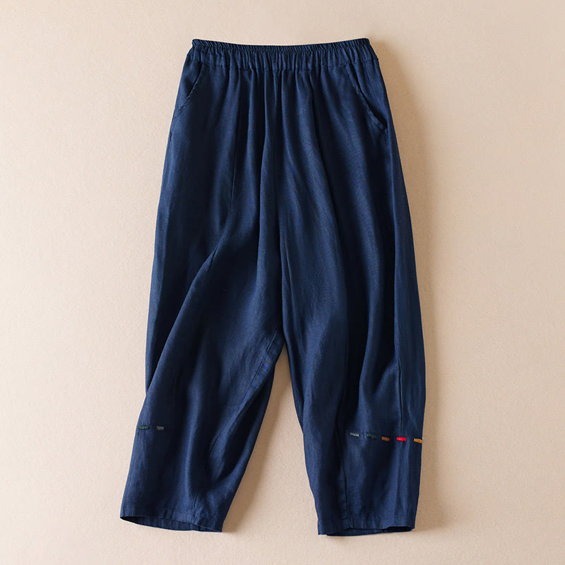 Pantaloni harem in lino e cotone con tasche, lunghezza 7-8, in filo colorato con Buddha Stones - Marina - US12, UK/AU16, EU44 (3XL) - image 9