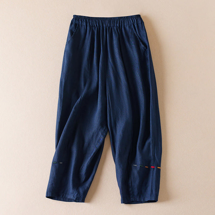 Pantaloni harem in lino e cotone con tasche, lunghezza 7-8, in filo colorato con Buddha Stones - Marina - US12, UK/AU16, EU44 (3XL) - image 9