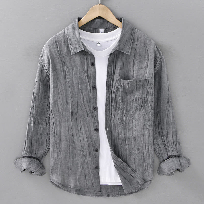 Camicia da uomo in lino ramiè con maniche lunghe, tasche, pieghe retrò, bottoni Buddha Stones - Grigio ardesia chiaro - US/UK/AU42, EU52 (3XL) - image 1
