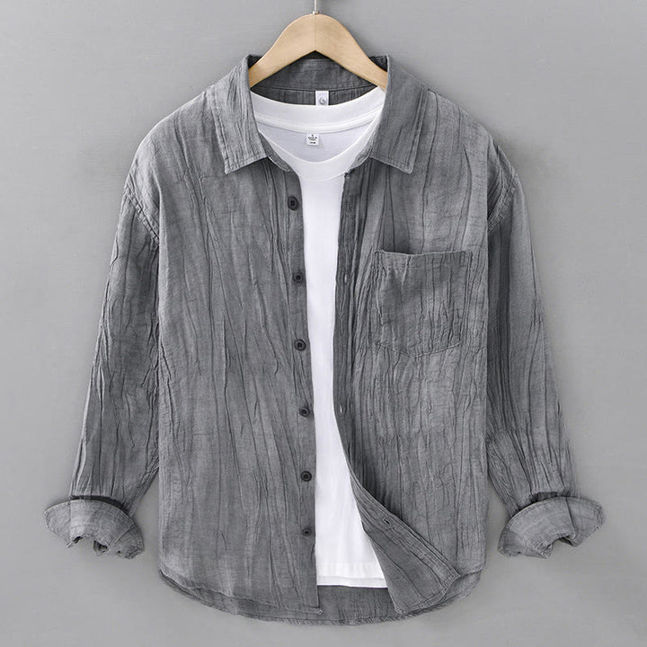 Camicia da uomo in lino ramiè con maniche lunghe, tasche, pieghe retrò, bottoni Buddha Stones - Grigio ardesia chiaro - US/UK/AU42, EU52 (3XL) - image 1