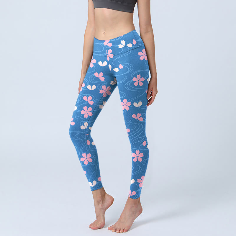 Leggings da palestra con stampa Buddha Stones Pink Cherry Blossoms Lines, pantaloni da yoga da donna - AzzurroCielo Chiaro - US18, UK/AU22, EU50 (4XL) - image 1