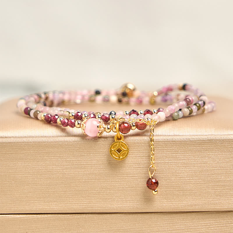 Bracciale della saggezza con moneta di tormalina colorata e perline irregolari da 2,5 mm Buddha Stones