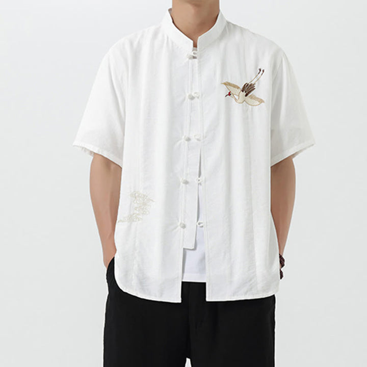 Camicia da uomo in cotone con collo alto, maniche corte, ricamo vintage Buddha Stones e bottoni - image 11