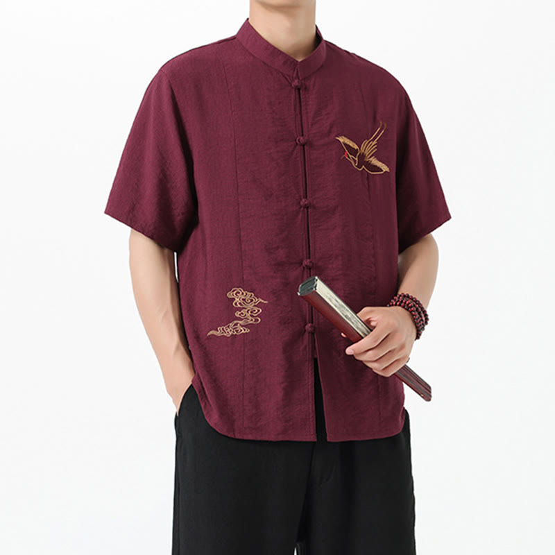 Camicia da uomo in cotone con collo alto, maniche corte, ricamo vintage Buddha Stones e bottoni - image 6
