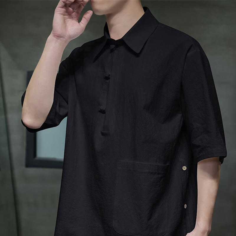 Camicia da uomo in cotone e lino con mezza manica e taschino, modello Buddha Stones Commute, semplice, con bottoni a metà lunghezza - image 14