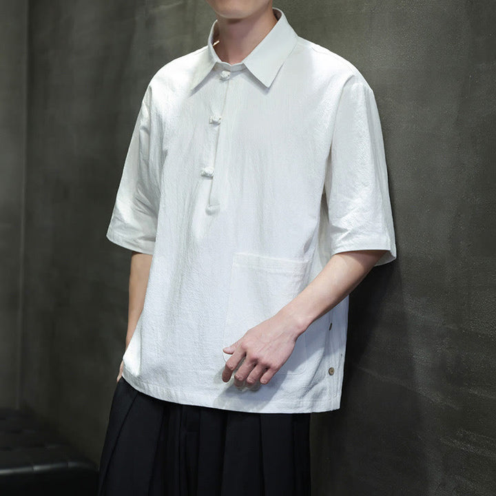 Camicia da uomo in cotone e lino con mezza manica e taschino, modello Buddha Stones Commute, semplice, con bottoni a metà lunghezza - Bianco - US/UK/AU46, EU56 (5XL) - image 1