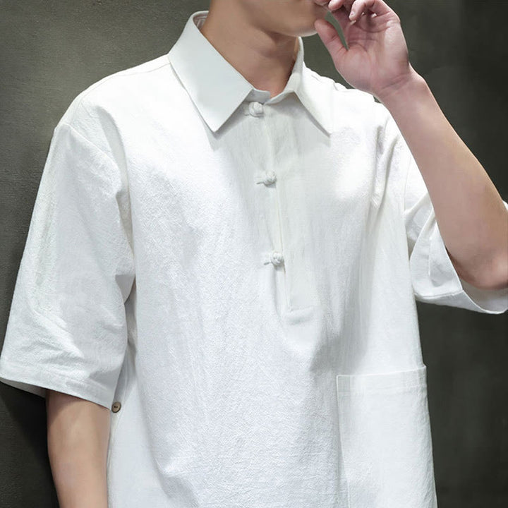 Camicia da uomo in cotone e lino con mezza manica e taschino, modello Buddha Stones Commute, semplice, con bottoni a metà lunghezza - image 6