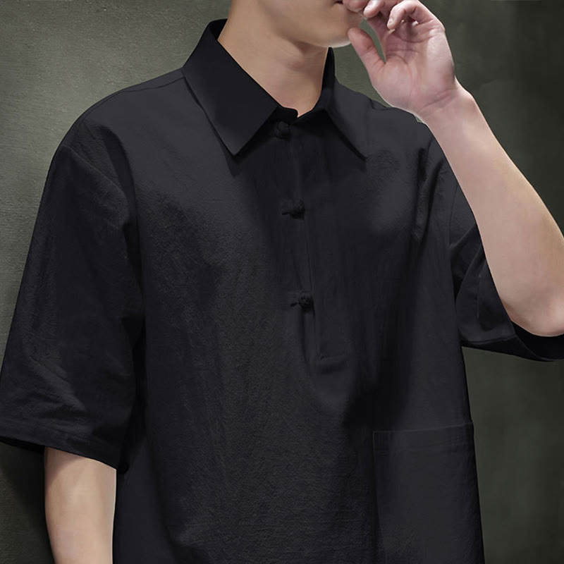 Camicia da uomo in cotone e lino con mezza manica e taschino, modello Buddha Stones Commute, semplice, con bottoni a metà lunghezza - image 17