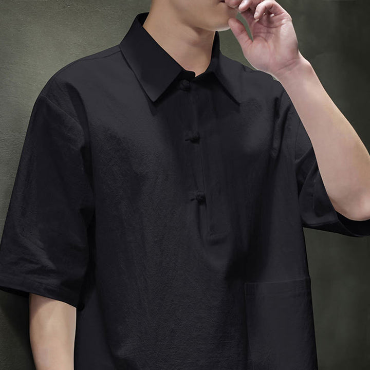 Camicia da uomo in cotone e lino con mezza manica e taschino, modello Buddha Stones Commute, semplice, con bottoni a metà lunghezza - image 17
