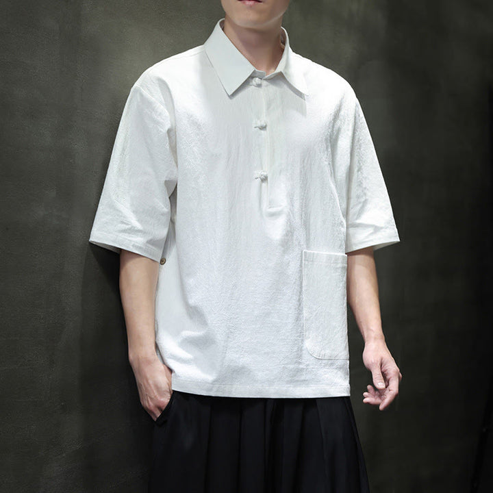 Camicia da uomo in cotone e lino con mezza manica e taschino, modello Buddha Stones Commute, semplice, con bottoni a metà lunghezza - image 3