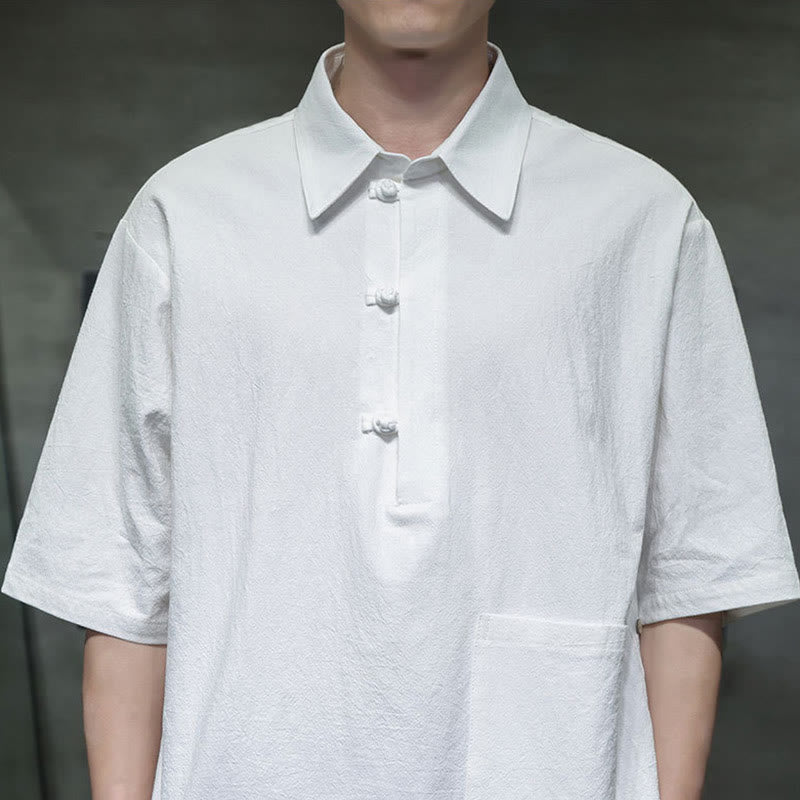 Camicia da uomo in cotone e lino con mezza manica e taschino, modello Buddha Stones Commute, semplice, con bottoni a metà lunghezza - image 4