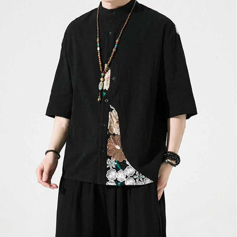 Camicia da uomo in cotone e lino con maniche a tre quarti, ricamo patchwork con Buddha Stones, design semplice